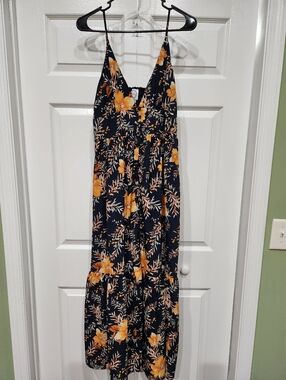 Navy Floral Maxi Dress with Yellow-Orange Blooms